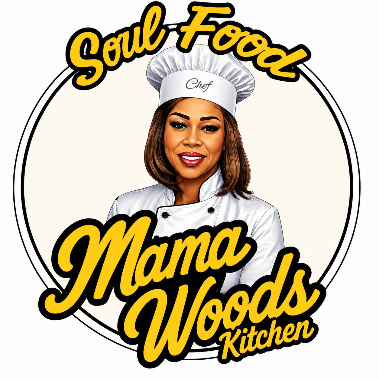 Mama Woods Kitchen Soul Food logo featuring an illustrated woman wearing a white chef uniform and chef hat inside a circular yellow, black, and white emblem.